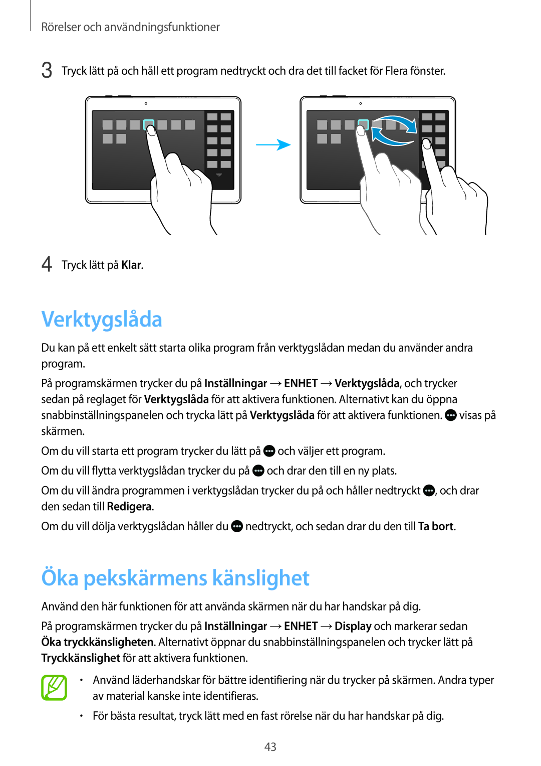 Samsung SM-T800NTSENEE, SM-T800NHAANEE, SM-T800NLSANEE, SM-T800NZWANEE manual Verktygslåda, Öka pekskärmens känslighet 