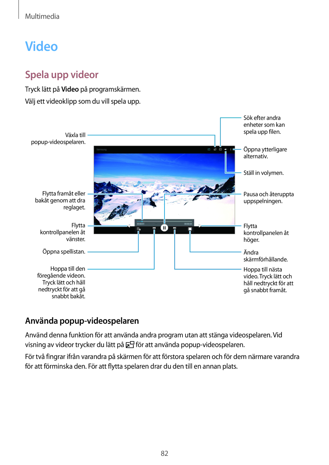 Samsung SM-T800NZWANEE, SM-T800NHAANEE, SM-T800NLSANEE, SM-T800NTSENEE Video, Spela upp videor, Använda popup-videospelaren 