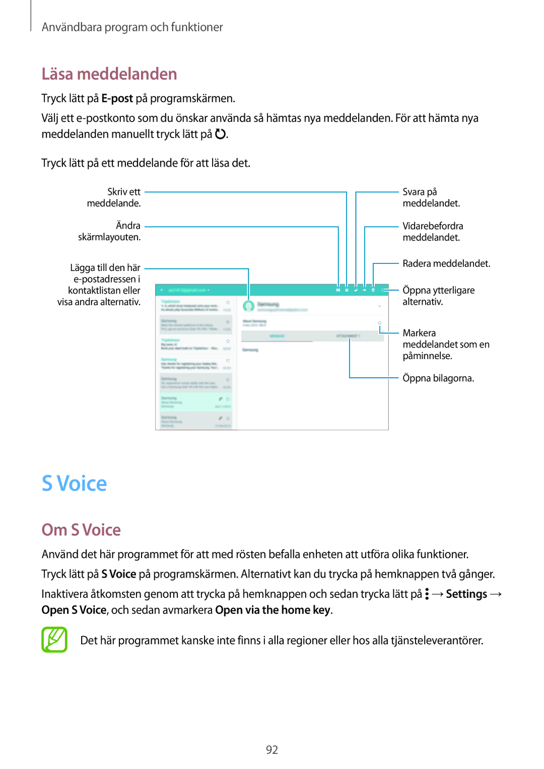 Samsung SM-T800NZWANEE, SM-T800NHAANEE, SM-T800NLSANEE, SM-T800NTSENEE, SM-T800NTSANEE manual Läsa meddelanden, Om S Voice 