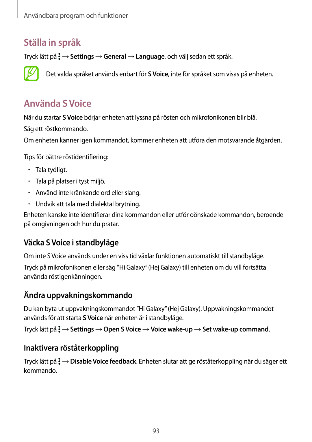 Samsung SM-T800NTSENEE manual Ställa in språk, Använda S Voice, Väcka S Voice i standbyläge, Ändra uppvakningskommando 