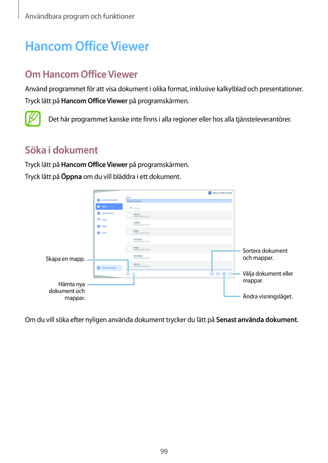 Samsung SM-T800NTSANEE, SM-T800NHAANEE, SM-T800NLSANEE, SM-T800NZWANEE manual Om Hancom Office Viewer, Söka i dokument 