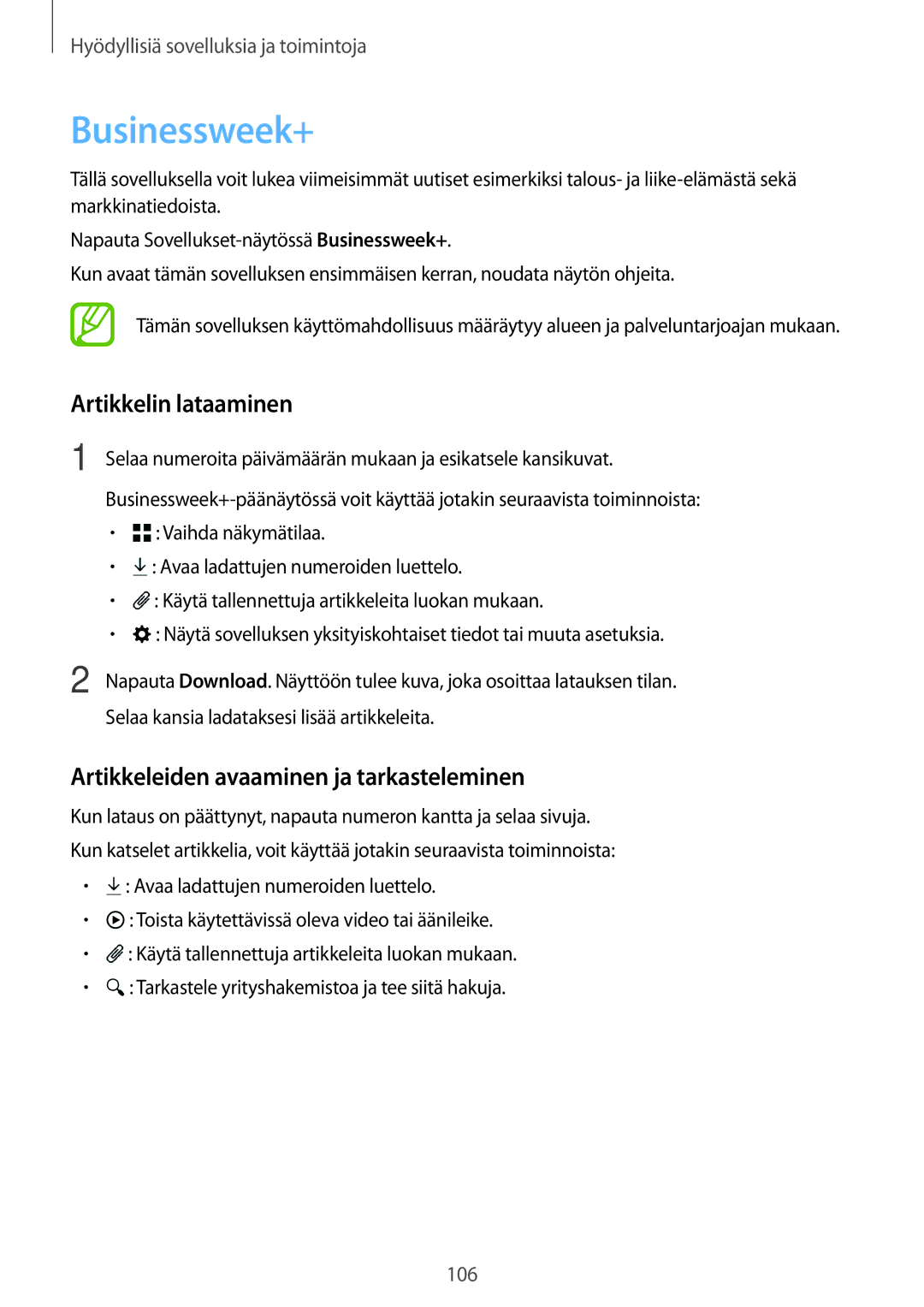 Samsung SM-T800NLSANEE, SM-T800NHAANEE Businessweek+, Artikkelin lataaminen, Artikkeleiden avaaminen ja tarkasteleminen 