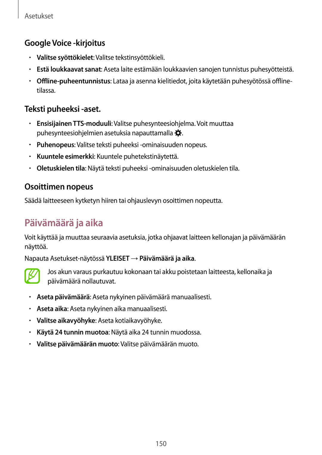 Samsung SM-T800NHAANEE manual Päivämäärä ja aika, Google Voice -kirjoitus, Teksti puheeksi -aset, Osoittimen nopeus 