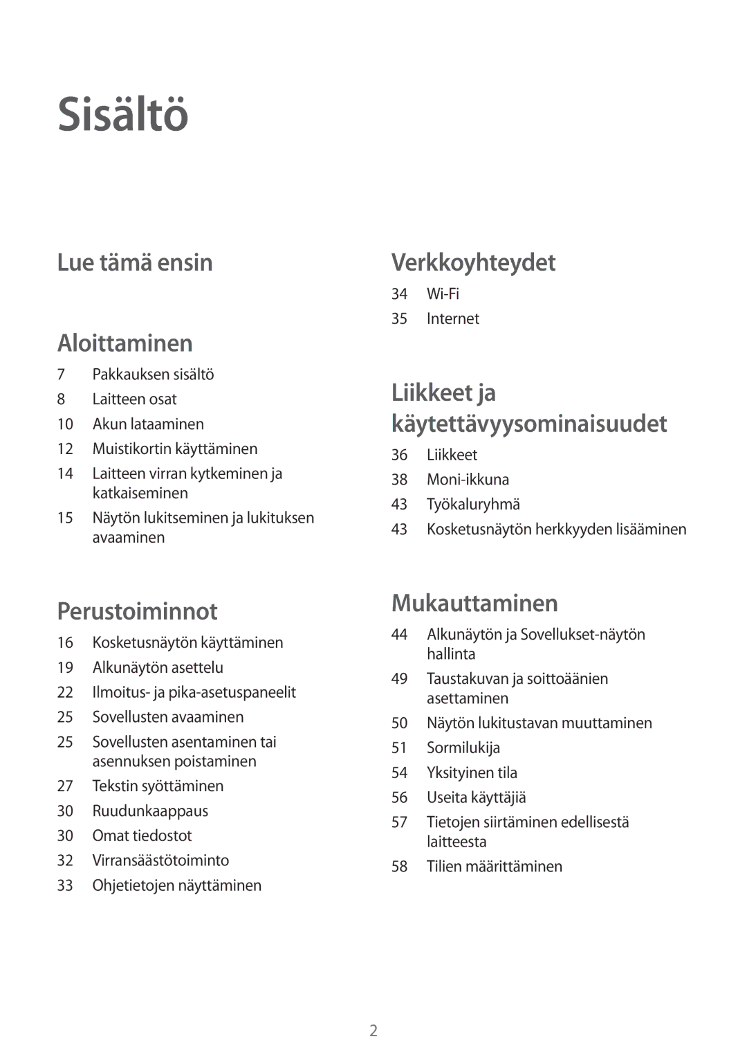 Samsung SM-T800NZWANEE, SM-T800NHAANEE manual Sisältö, 15 Näytön lukitseminen ja lukituksen avaaminen, Wi-Fi Internet 