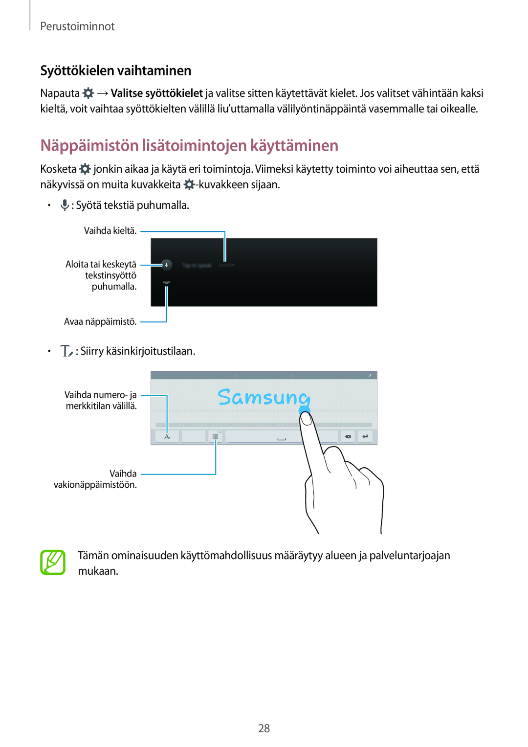 Samsung SM-T800NTSENEE Näppäimistön lisätoimintojen käyttäminen, Syöttökielen vaihtaminen, Siirry käsinkirjoitustilaan 