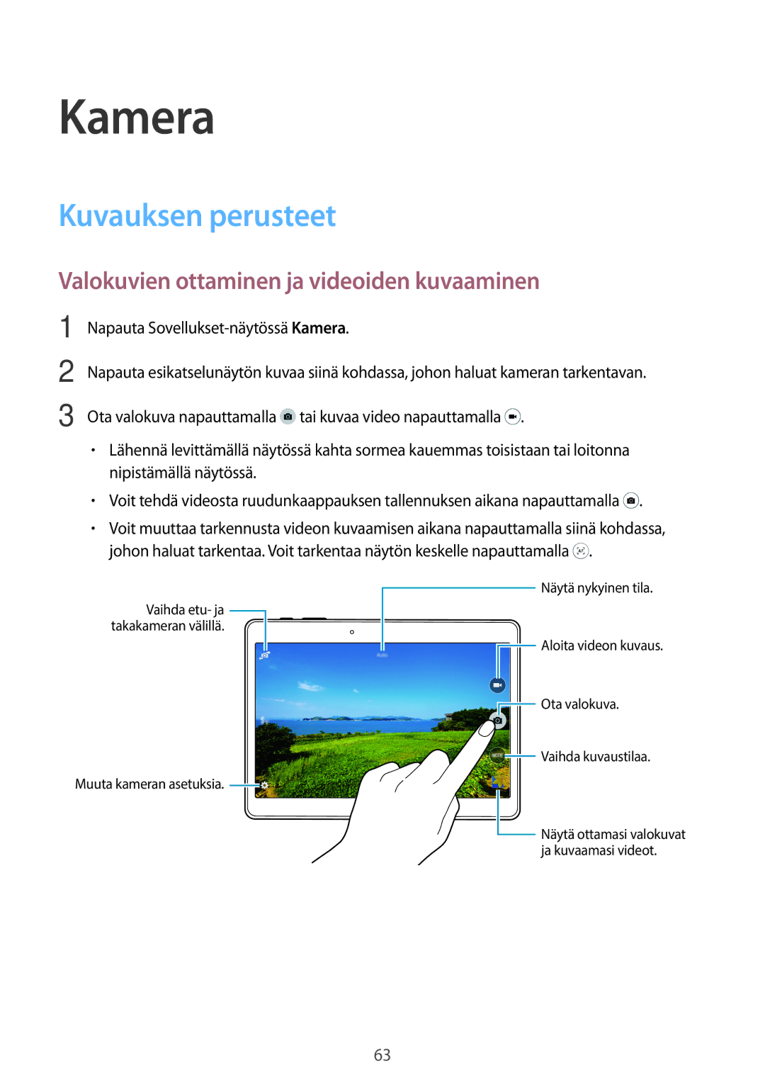 Samsung SM-T800NTSENEE, SM-T800NHAANEE manual Kamera, Kuvauksen perusteet, Valokuvien ottaminen ja videoiden kuvaaminen 