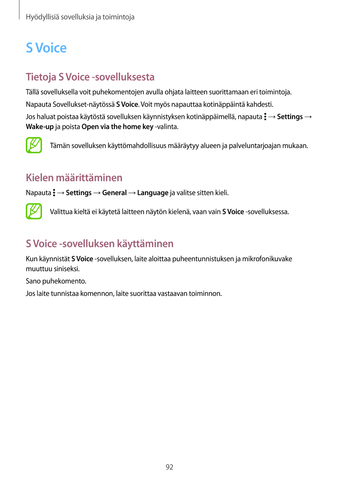 Samsung SM-T800NZWANEE manual Tietoja S Voice -sovelluksesta, Kielen määrittäminen, Voice -sovelluksen käyttäminen 