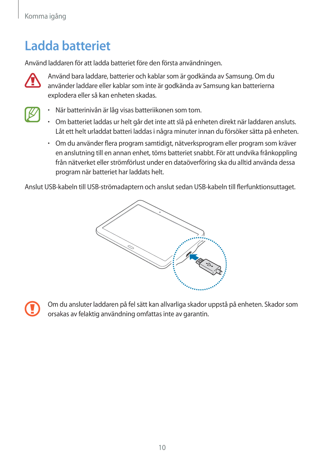 Samsung SM-T800NHAANEE, SM-T800NLSANEE, SM-T800NZWANEE, SM-T800NTSENEE, SM-T800NTSANEE manual Ladda batteriet 