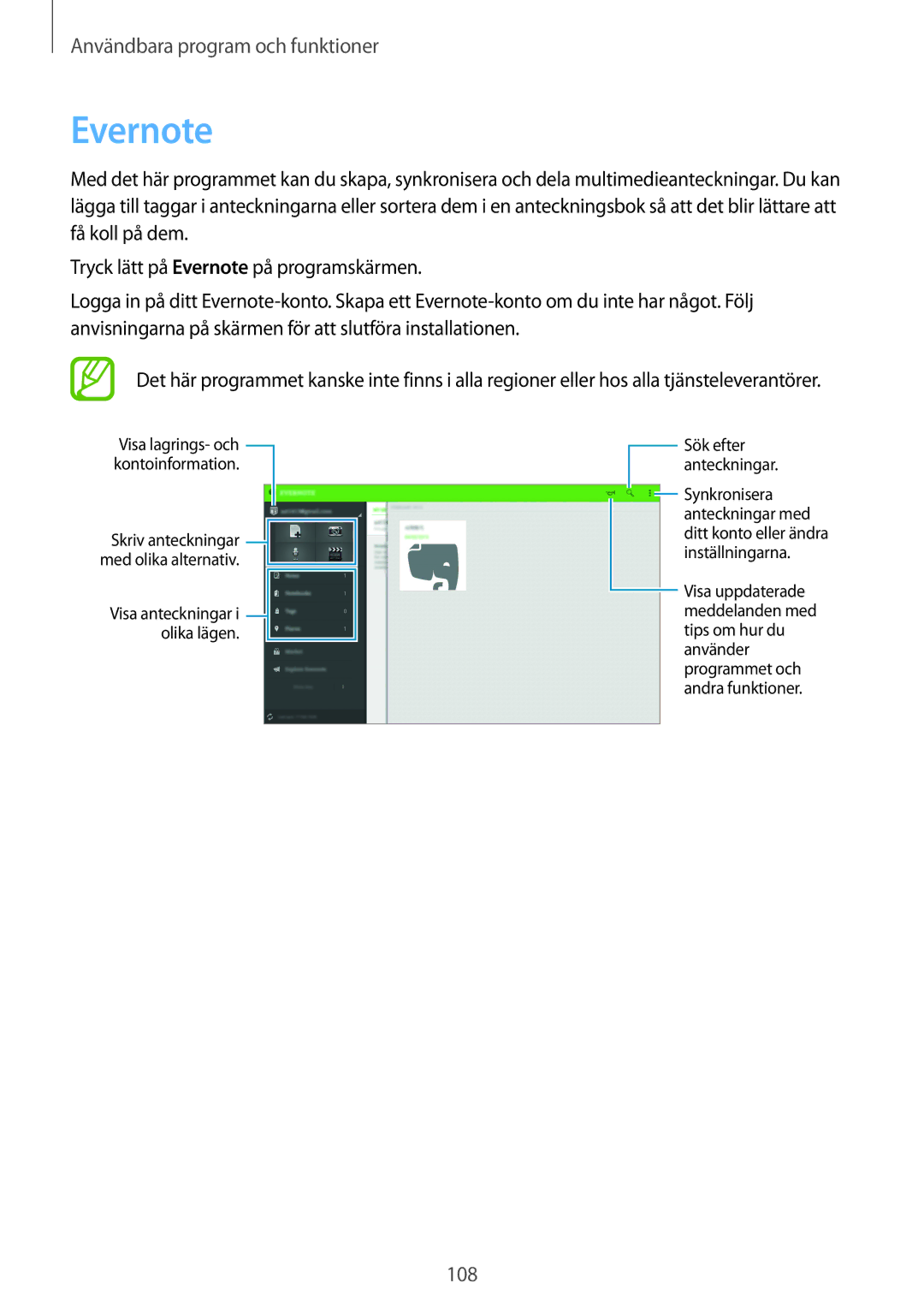 Samsung SM-T800NTSENEE, SM-T800NHAANEE, SM-T800NLSANEE, SM-T800NZWANEE, SM-T800NTSANEE manual Evernote 