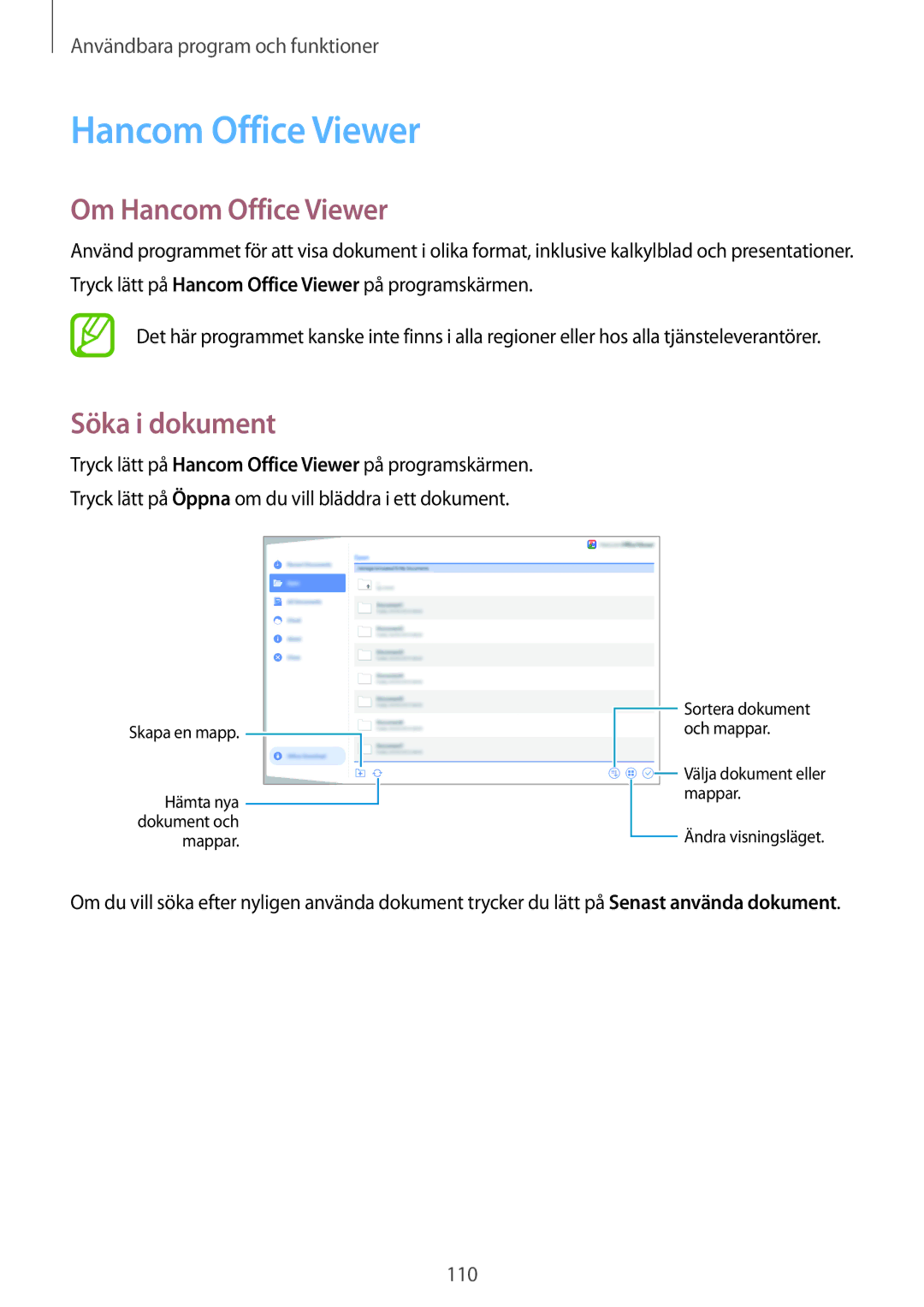 Samsung SM-T800NHAANEE, SM-T800NLSANEE, SM-T800NZWANEE, SM-T800NTSENEE manual Om Hancom Office Viewer, Söka i dokument 