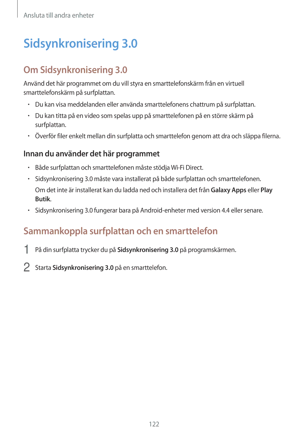 Samsung SM-T800NZWANEE, SM-T800NHAANEE manual Om Sidsynkronisering, Sammankoppla surfplattan och en smarttelefon 