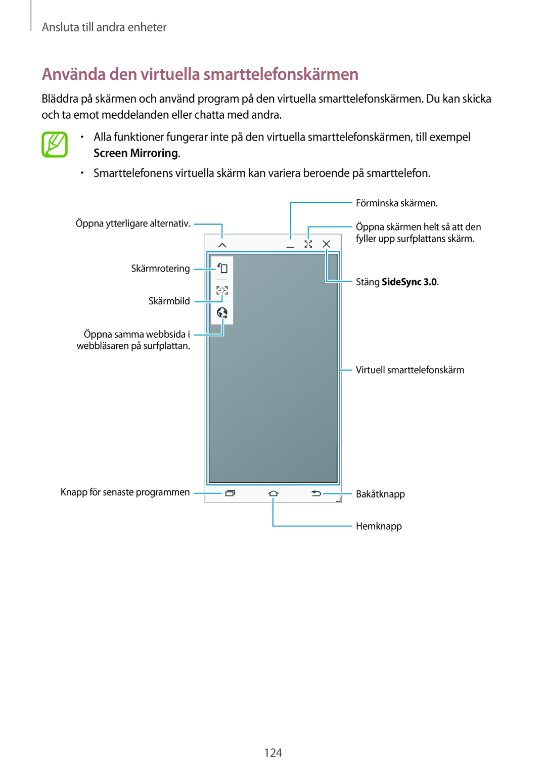 Samsung SM-T800NTSANEE, SM-T800NHAANEE, SM-T800NLSANEE, SM-T800NZWANEE manual Använda den virtuella smarttelefonskärmen 