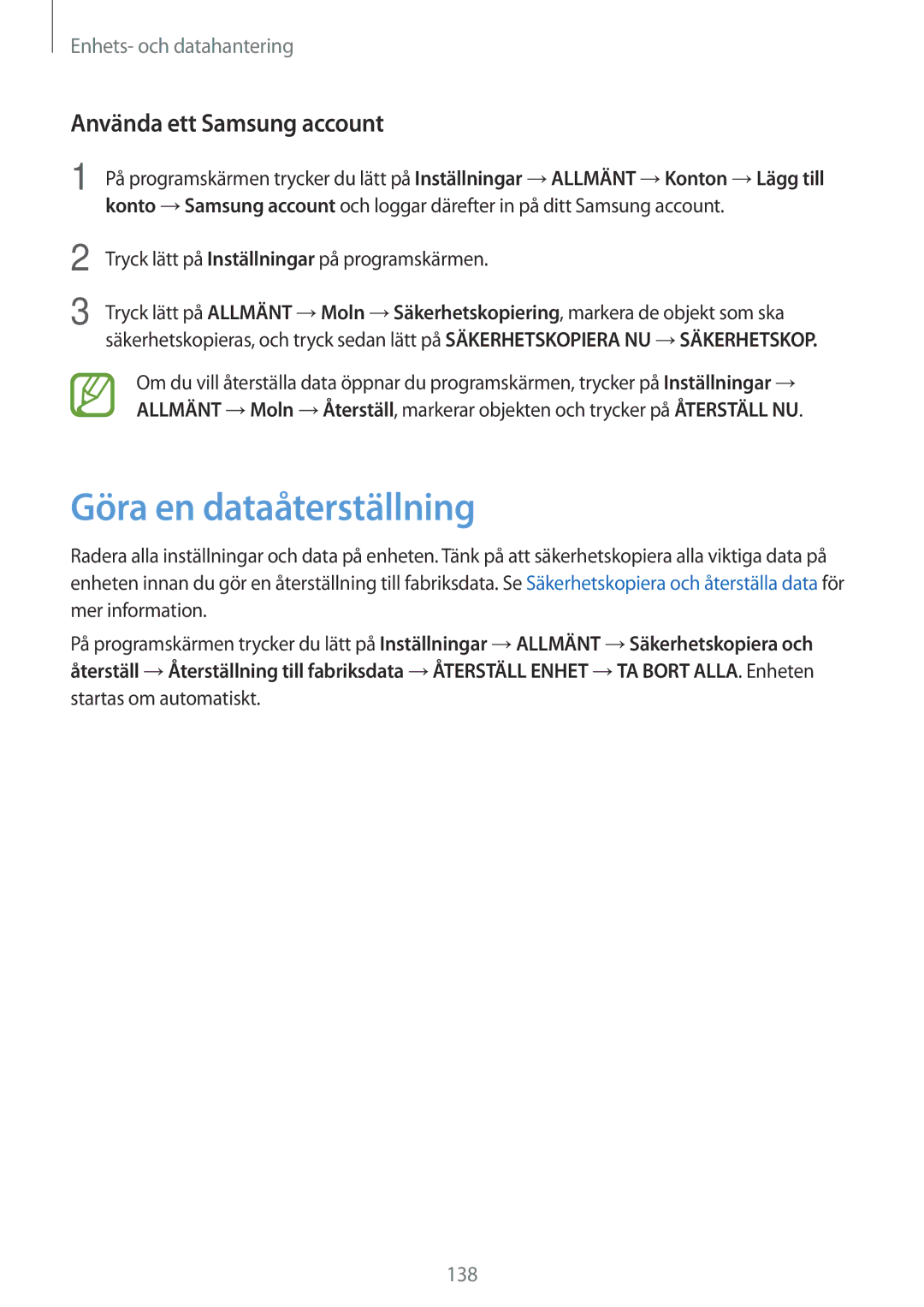 Samsung SM-T800NTSENEE, SM-T800NHAANEE, SM-T800NLSANEE manual Göra en dataåterställning, Använda ett Samsung account 