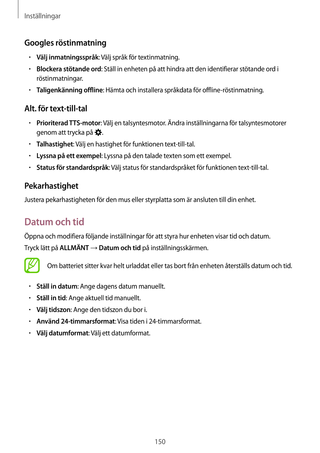Samsung SM-T800NHAANEE, SM-T800NLSANEE manual Datum och tid, Googles röstinmatning, Alt. för text-till-tal, Pekarhastighet 