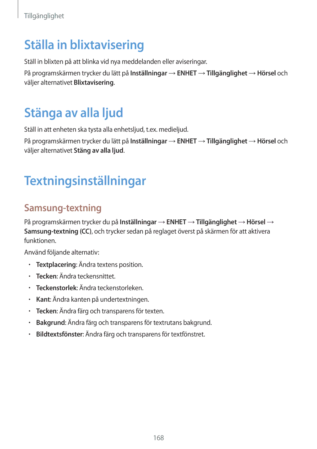 Samsung SM-T800NTSENEE manual Ställa in blixtavisering, Stänga av alla ljud, Textningsinställningar, Samsung-textning 