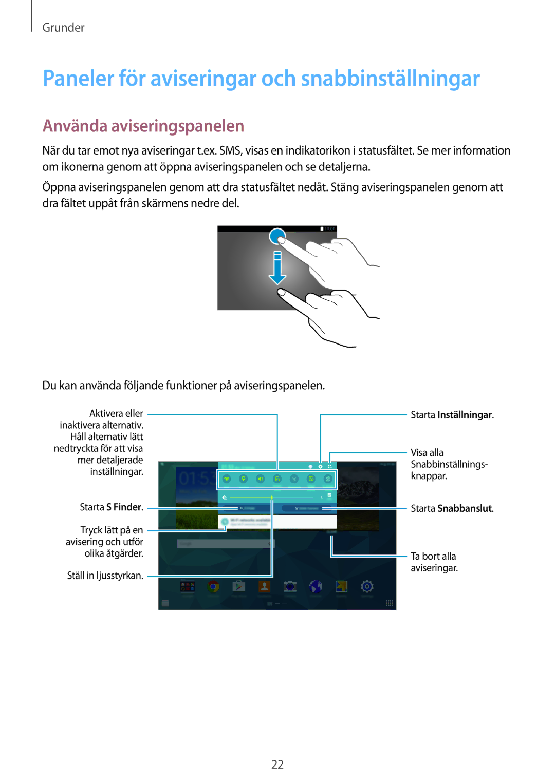 Samsung SM-T800NZWANEE, SM-T800NHAANEE manual Paneler för aviseringar och snabbinställningar, Använda aviseringspanelen 