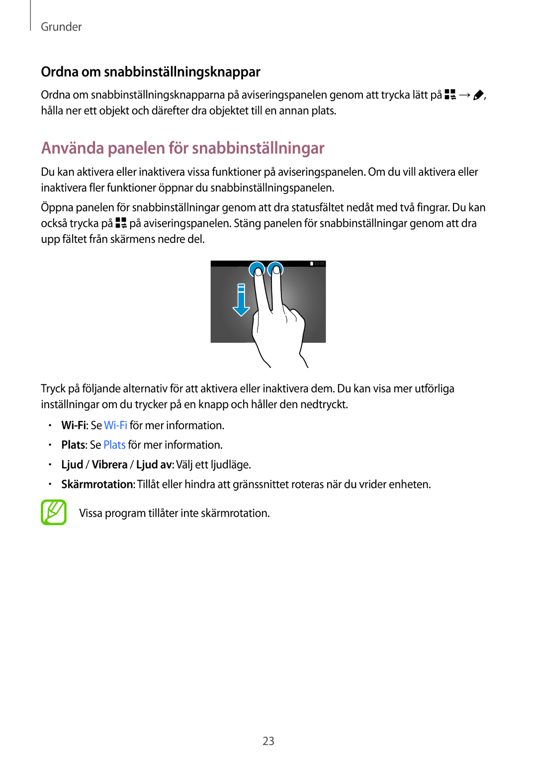 Samsung SM-T800NTSENEE, SM-T800NHAANEE manual Använda panelen för snabbinställningar, Ordna om snabbinställningsknappar 