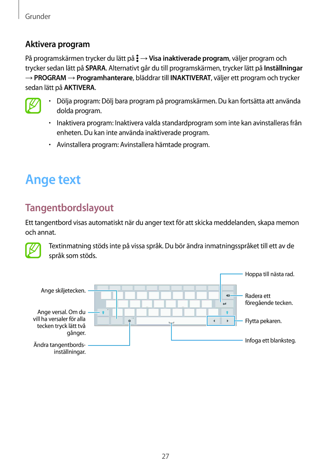 Samsung SM-T800NZWANEE, SM-T800NHAANEE, SM-T800NLSANEE, SM-T800NTSENEE manual Ange text, Tangentbordslayout, Aktivera program 