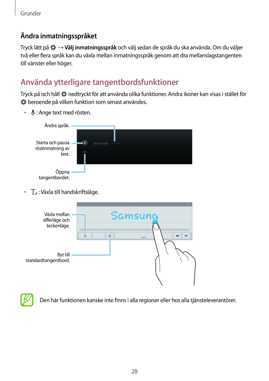 Samsung SM-T800NTSENEE Använda ytterligare tangentbordsfunktioner, Ändra inmatningsspråket, Växla till handskriftsläge 