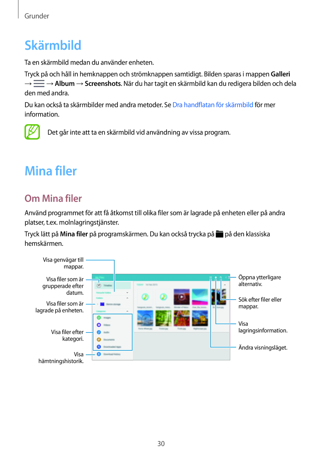 Samsung SM-T800NHAANEE, SM-T800NLSANEE manual Skärmbild, Om Mina filer, Ta en skärmbild medan du använder enheten 