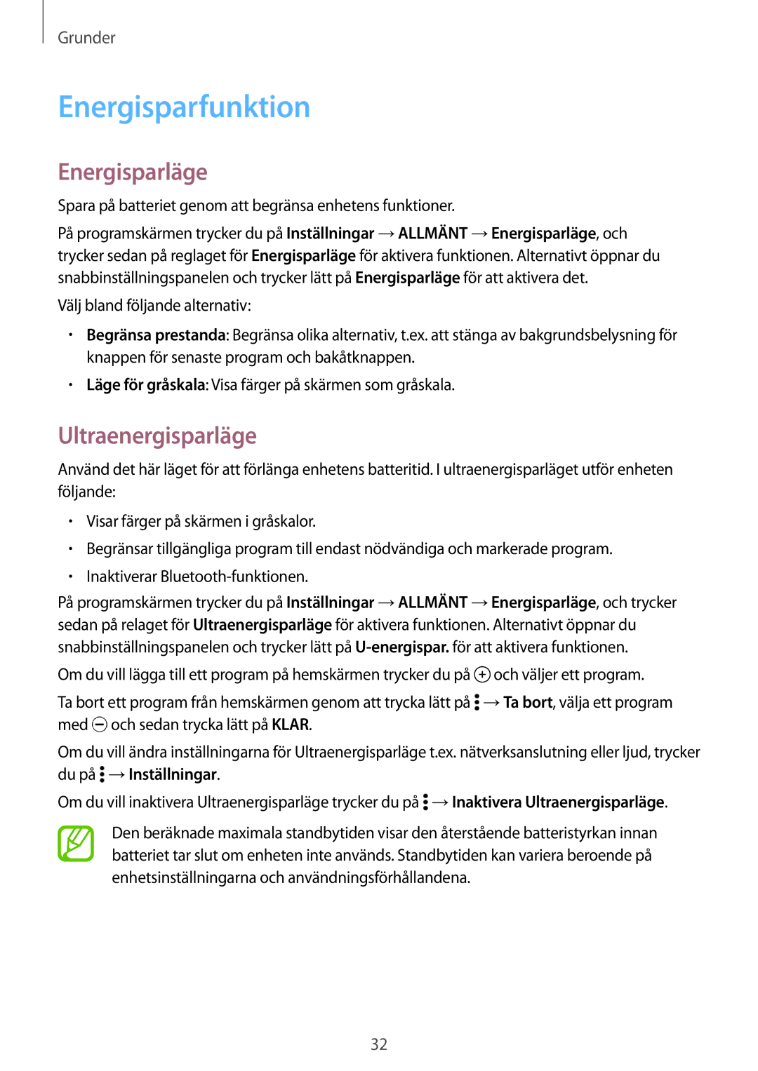 Samsung SM-T800NZWANEE, SM-T800NHAANEE, SM-T800NLSANEE manual Energisparfunktion, Energisparläge, Ultraenergisparläge 