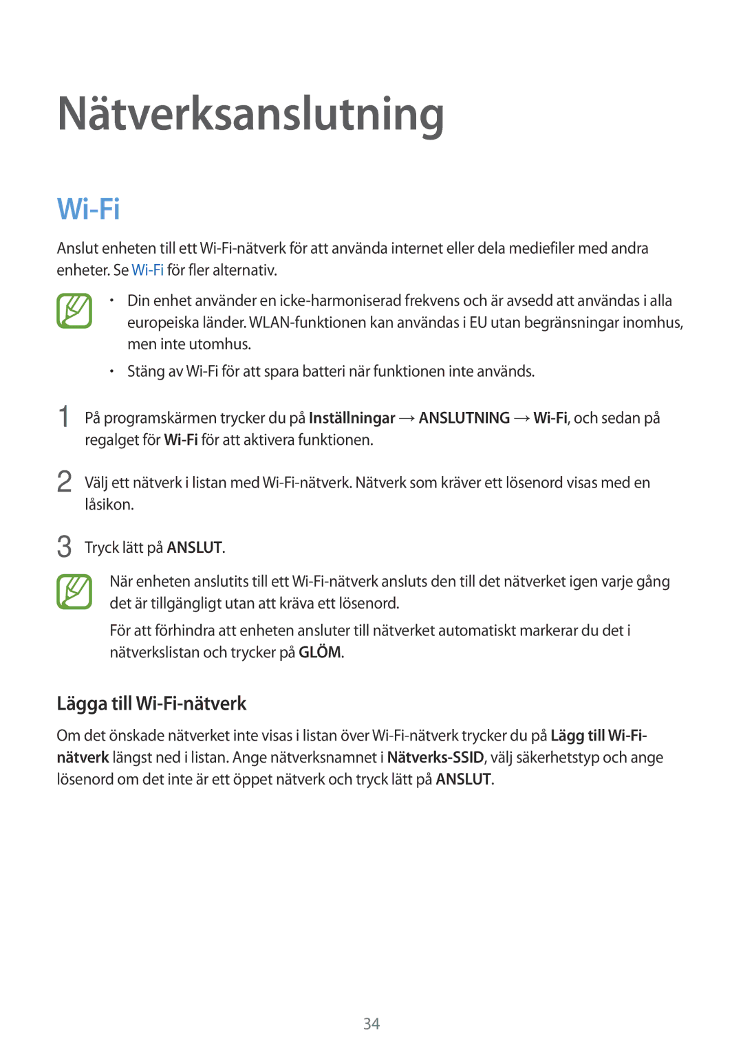 Samsung SM-T800NTSANEE, SM-T800NHAANEE, SM-T800NLSANEE, SM-T800NZWANEE manual Nätverksanslutning, Lägga till Wi-Fi-nätverk 