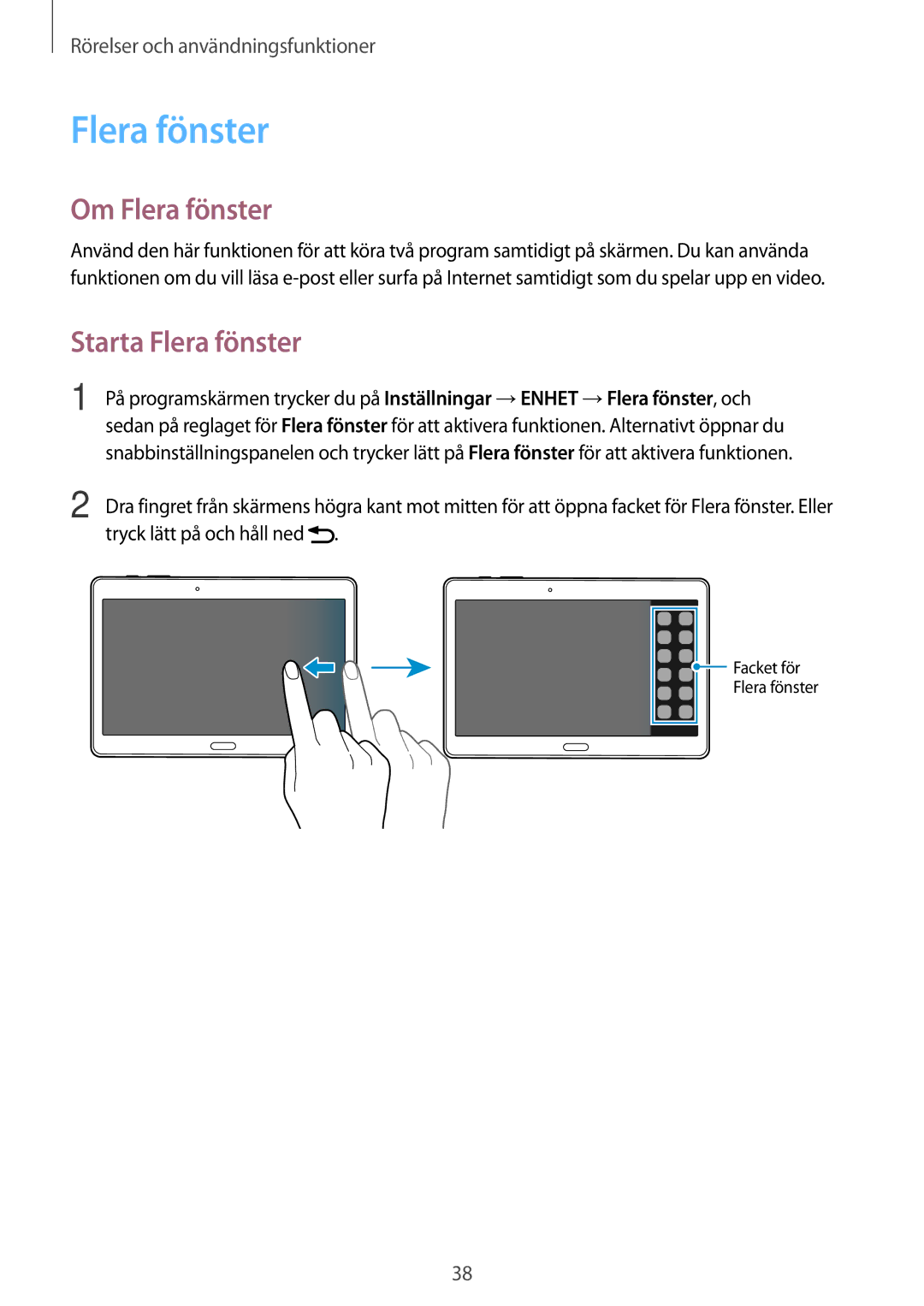 Samsung SM-T800NTSENEE, SM-T800NHAANEE manual Om Flera fönster, Starta Flera fönster, Tryck lätt på och håll ned 