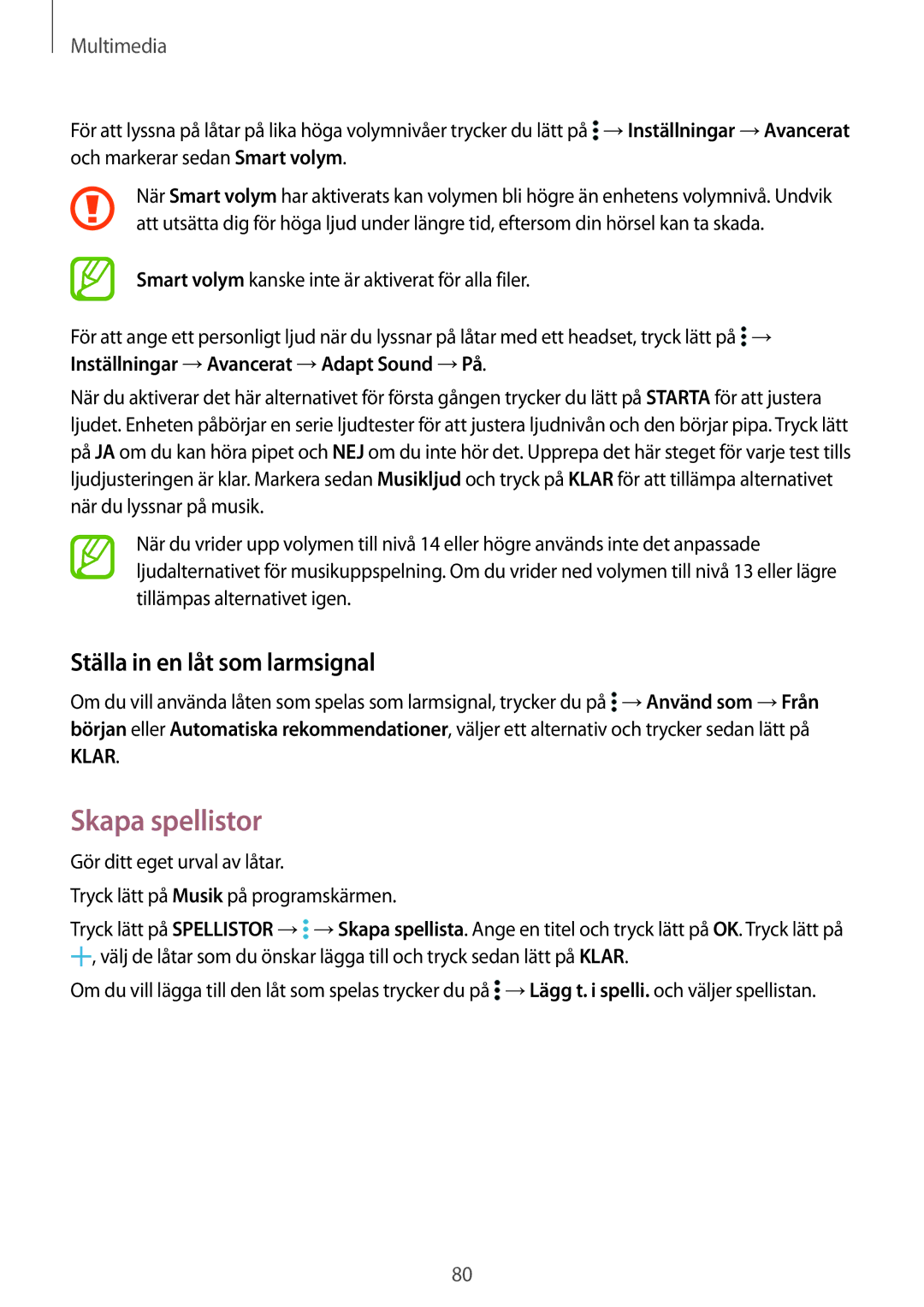 Samsung SM-T800NHAANEE, SM-T800NLSANEE, SM-T800NZWANEE, SM-T800NTSENEE Skapa spellistor, Ställa in en låt som larmsignal 