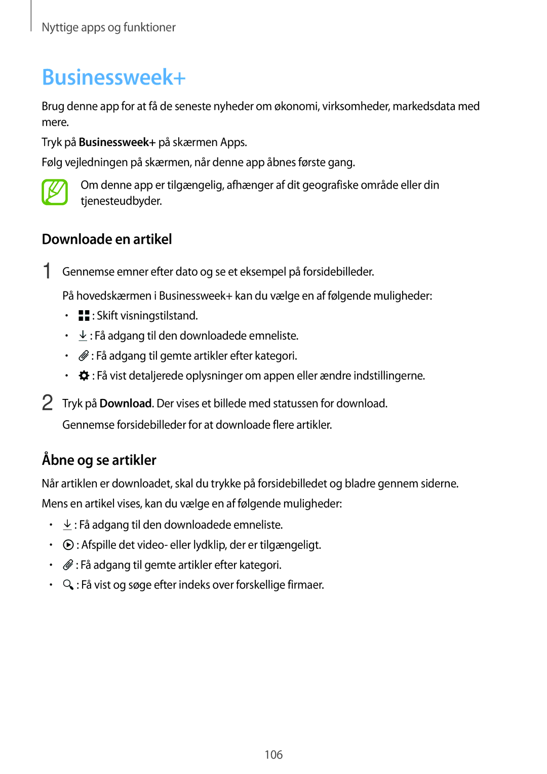 Samsung SM-T800NLSANEE, SM-T800NHAANEE, SM-T800NZWANEE manual Businessweek+, Downloade en artikel, Åbne og se artikler 