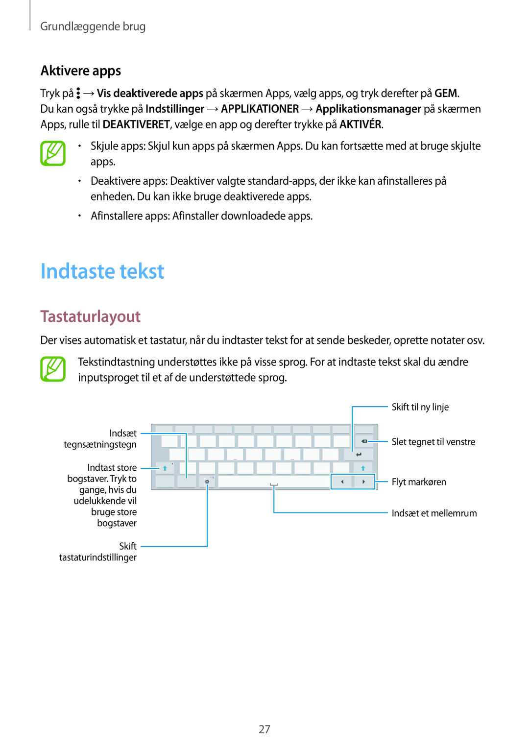 Samsung SM-T800NZWANEE, SM-T800NHAANEE, SM-T800NLSANEE, SM-T800NTSENEE manual Indtaste tekst, Tastaturlayout, Aktivere apps 