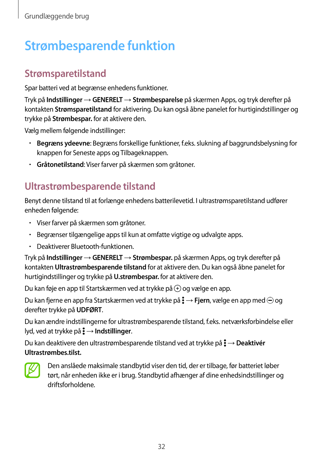 Samsung SM-T800NZWANEE Strømbesparende funktion, Strømsparetilstand, Ultrastrømbesparende tilstand, Ultrastrømbes.tilst 