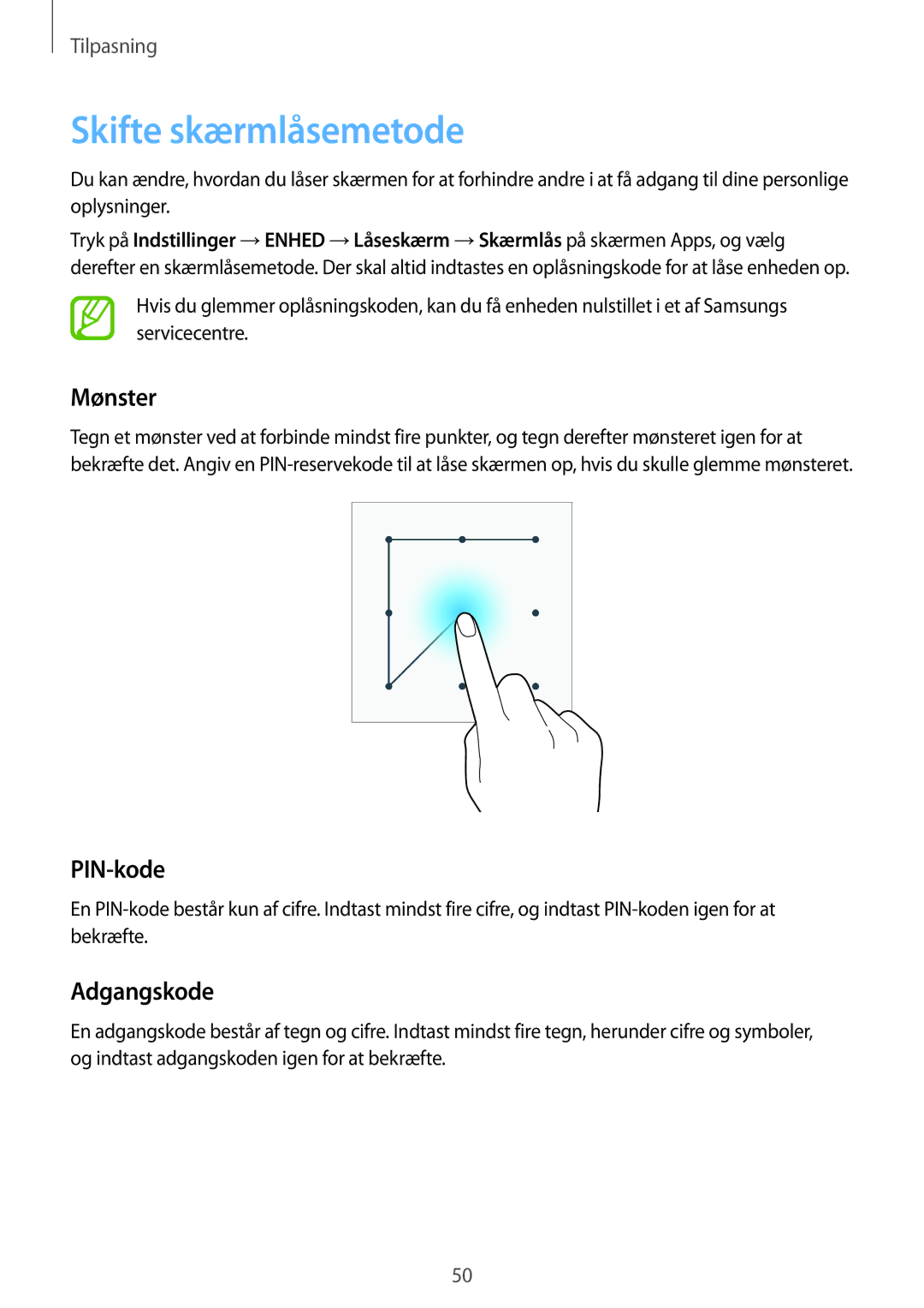 Samsung SM-T800NHAANEE, SM-T800NLSANEE, SM-T800NZWANEE manual Skifte skærmlåsemetode, Mønster, PIN-kode, Adgangskode 