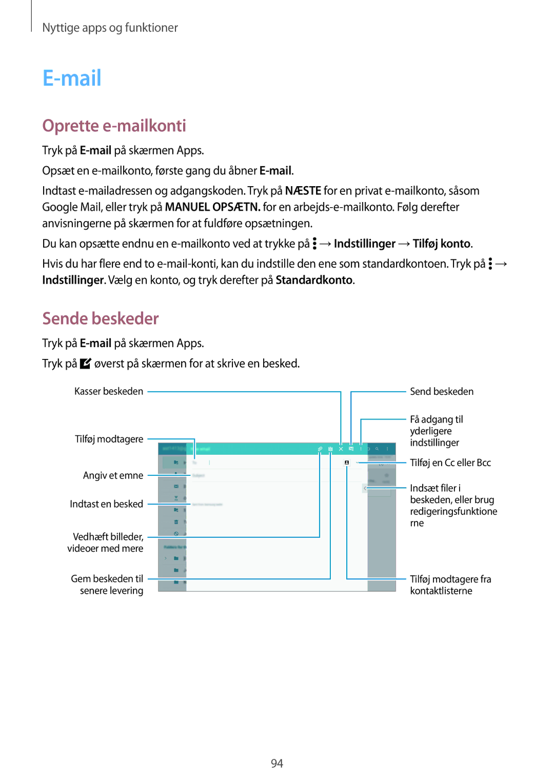 Samsung SM-T800NTSANEE, SM-T800NHAANEE, SM-T800NLSANEE, SM-T800NZWANEE manual Mail, Oprette e-mailkonti, Sende beskeder 