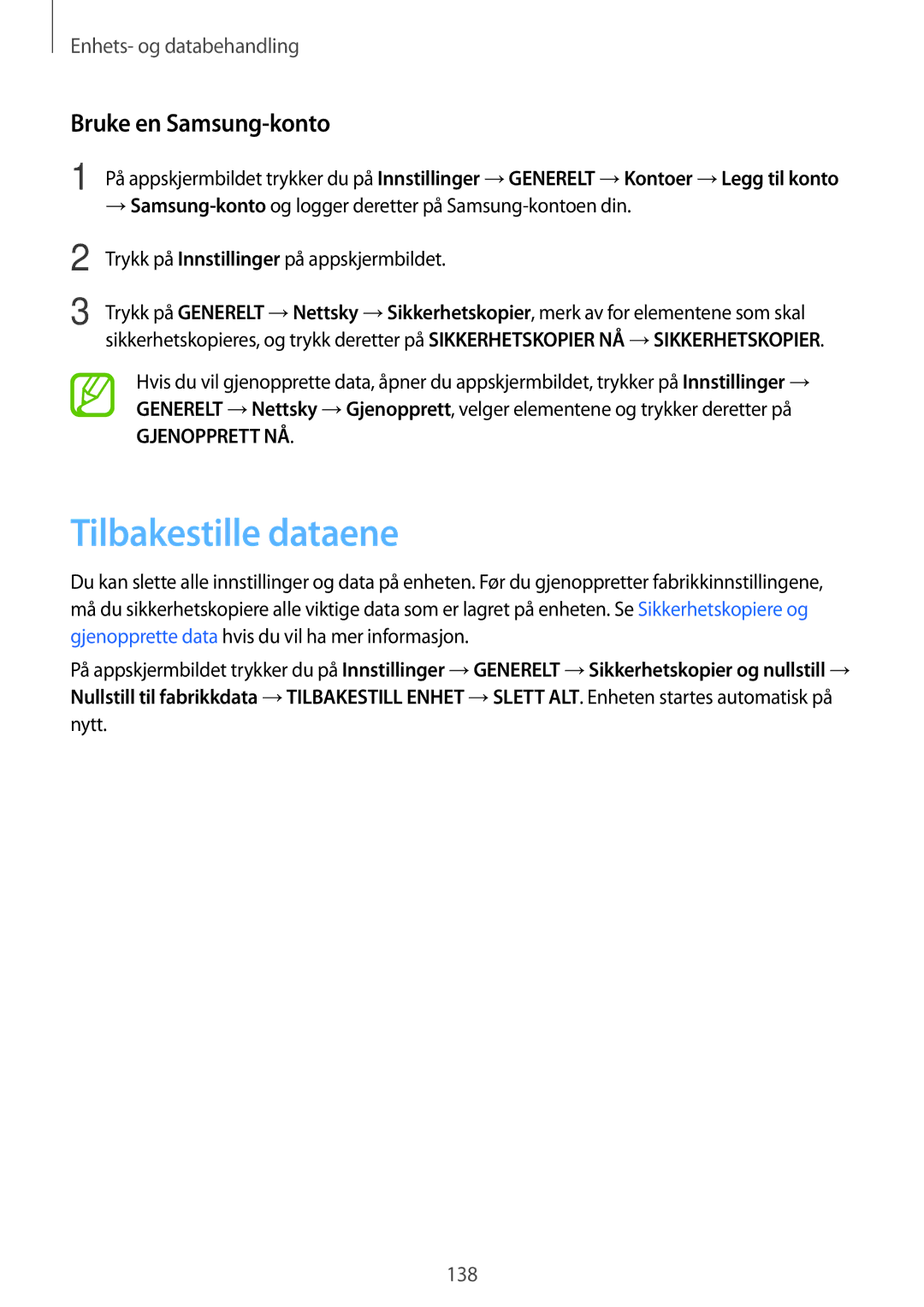 Samsung SM-T800NTSENEE, SM-T800NHAANEE, SM-T800NLSANEE, SM-T800NZWANEE manual Tilbakestille dataene, Bruke en Samsung-konto 