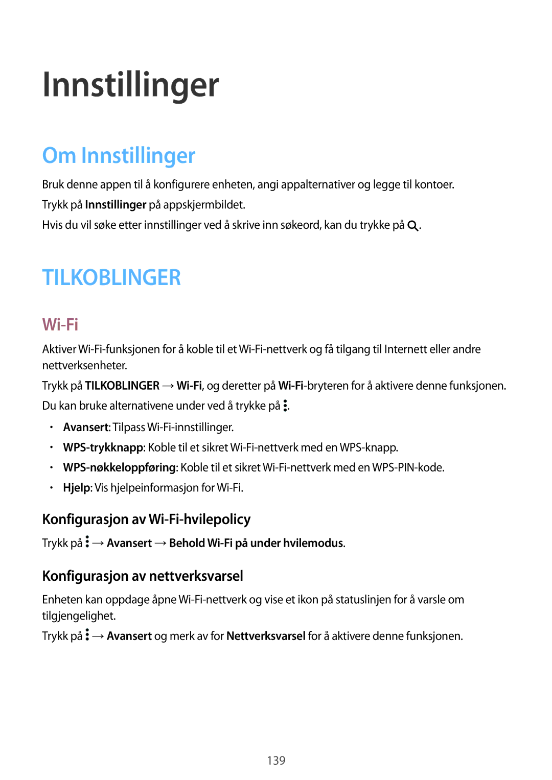 Samsung SM-T800NTSANEE Om Innstillinger, Konfigurasjon av Wi-Fi-hvilepolicy, Konfigurasjon av nettverksvarsel 