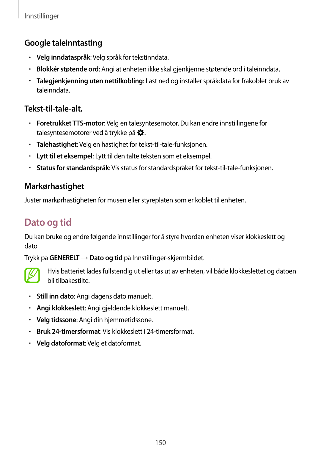 Samsung SM-T800NHAANEE, SM-T800NLSANEE manual Dato og tid, Google taleinntasting, Tekst-til-tale-alt, Markørhastighet 