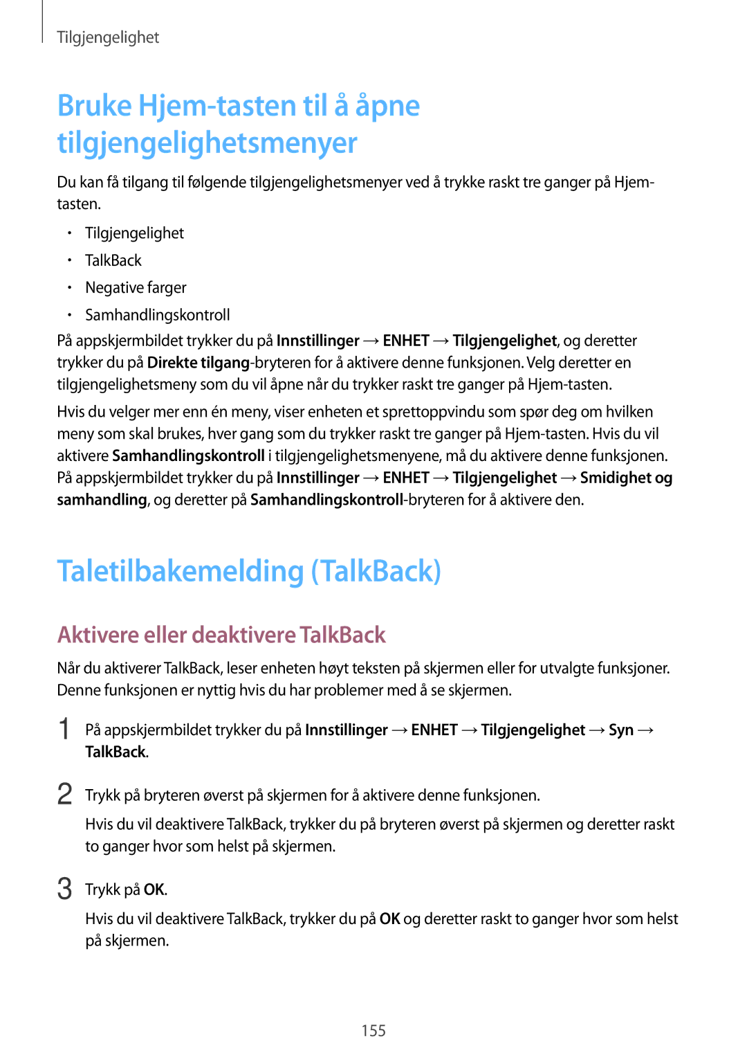 Samsung SM-T800NHAANEE, SM-T800NLSANEE manual Taletilbakemelding TalkBack, Aktivere eller deaktivere TalkBack, På skjermen 