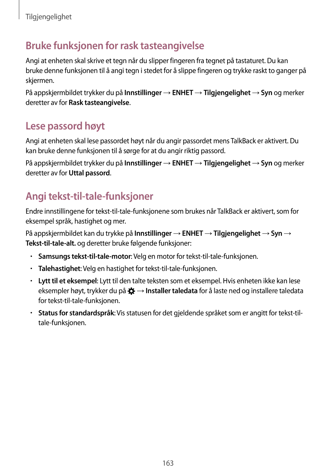 Samsung SM-T800NTSENEE manual Bruke funksjonen for rask tasteangivelse, Lese passord høyt, Angi tekst-til-tale-funksjoner 