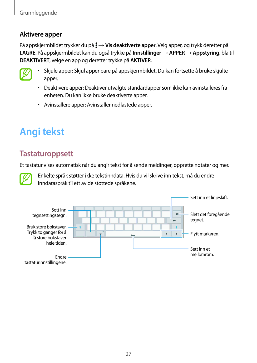 Samsung SM-T800NZWANEE, SM-T800NHAANEE, SM-T800NLSANEE, SM-T800NTSENEE manual Angi tekst, Tastaturoppsett, Aktivere apper 