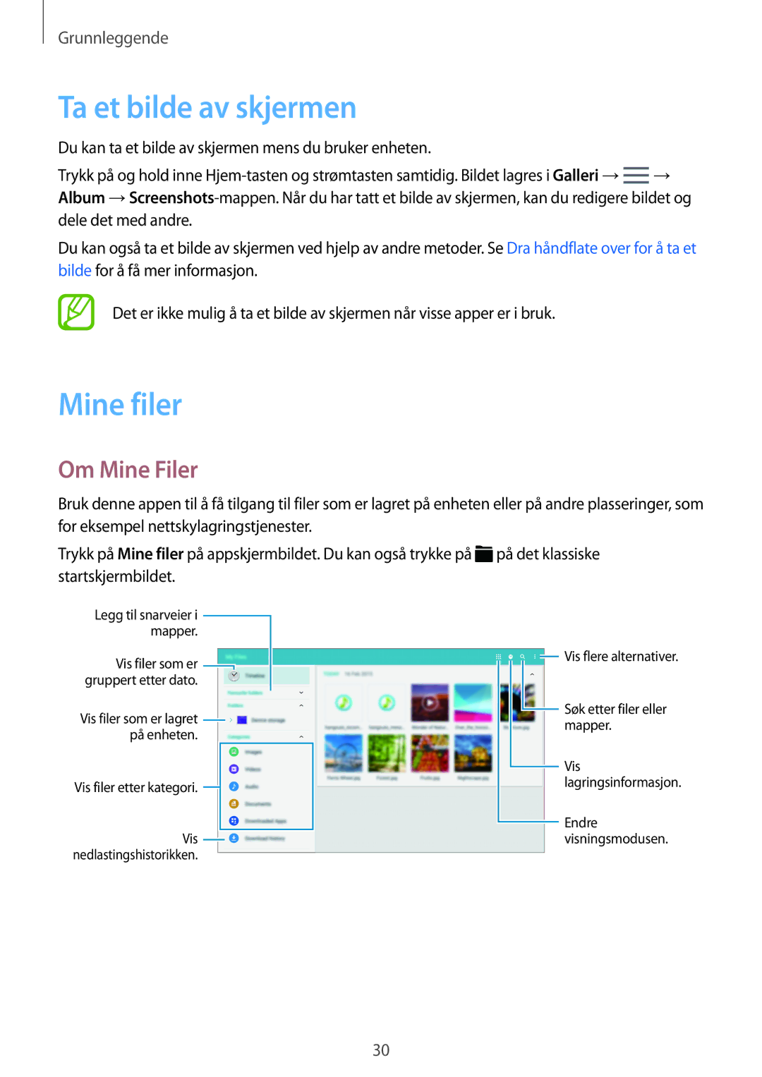 Samsung SM-T800NHAANEE, SM-T800NLSANEE, SM-T800NZWANEE, SM-T800NTSENEE Ta et bilde av skjermen, Mine filer, Om Mine Filer 