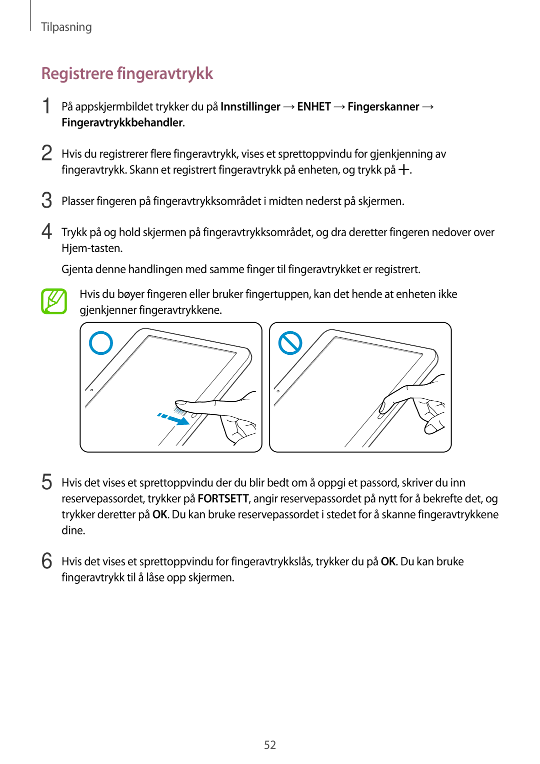 Samsung SM-T800NZWANEE manual Registrere fingeravtrykk, Fingeravtrykkbehandler, Dine, Fingeravtrykk til å låse opp skjermen 