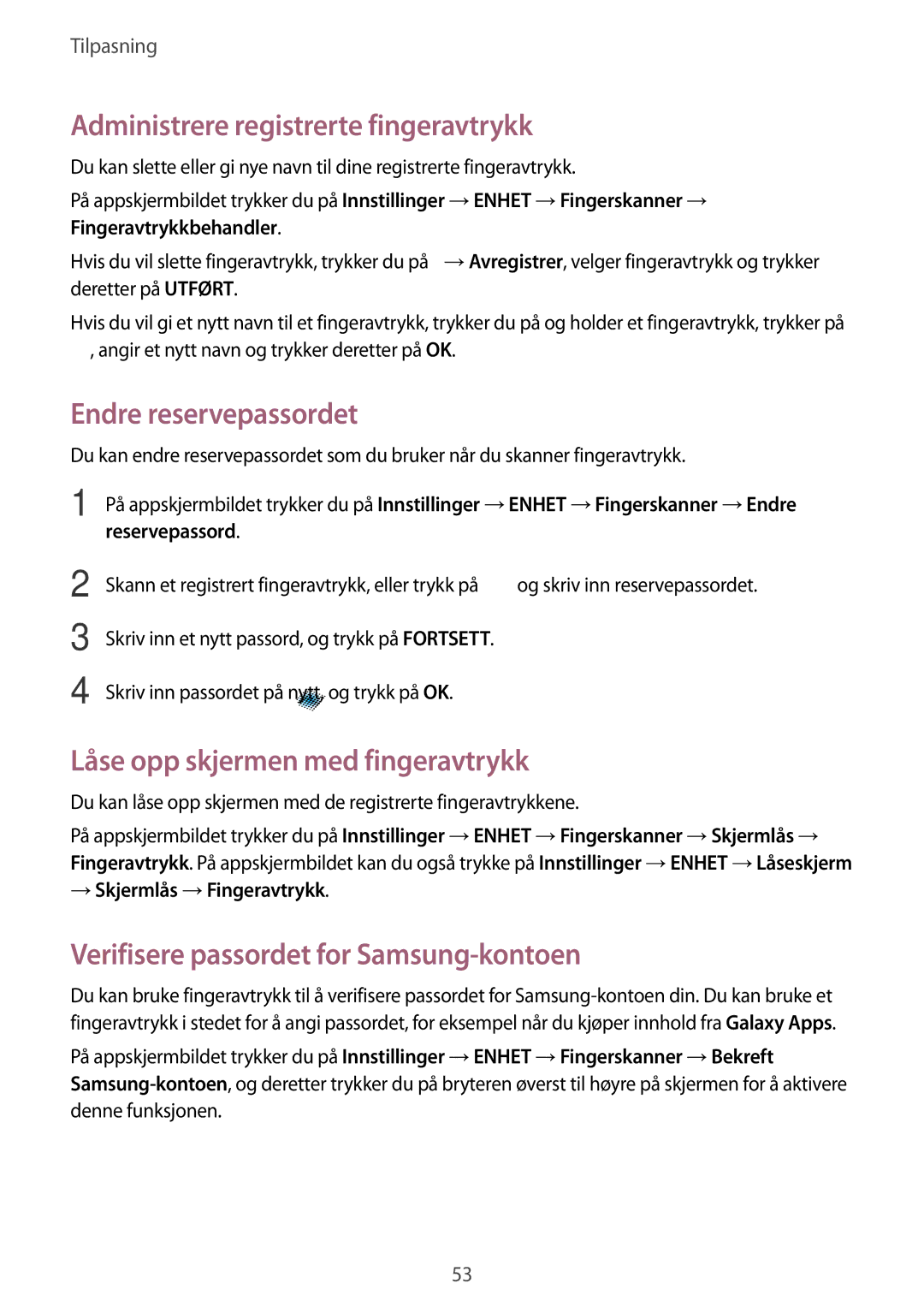 Samsung SM-T800NTSENEE Administrere registrerte fingeravtrykk, Endre reservepassordet, Låse opp skjermen med fingeravtrykk 