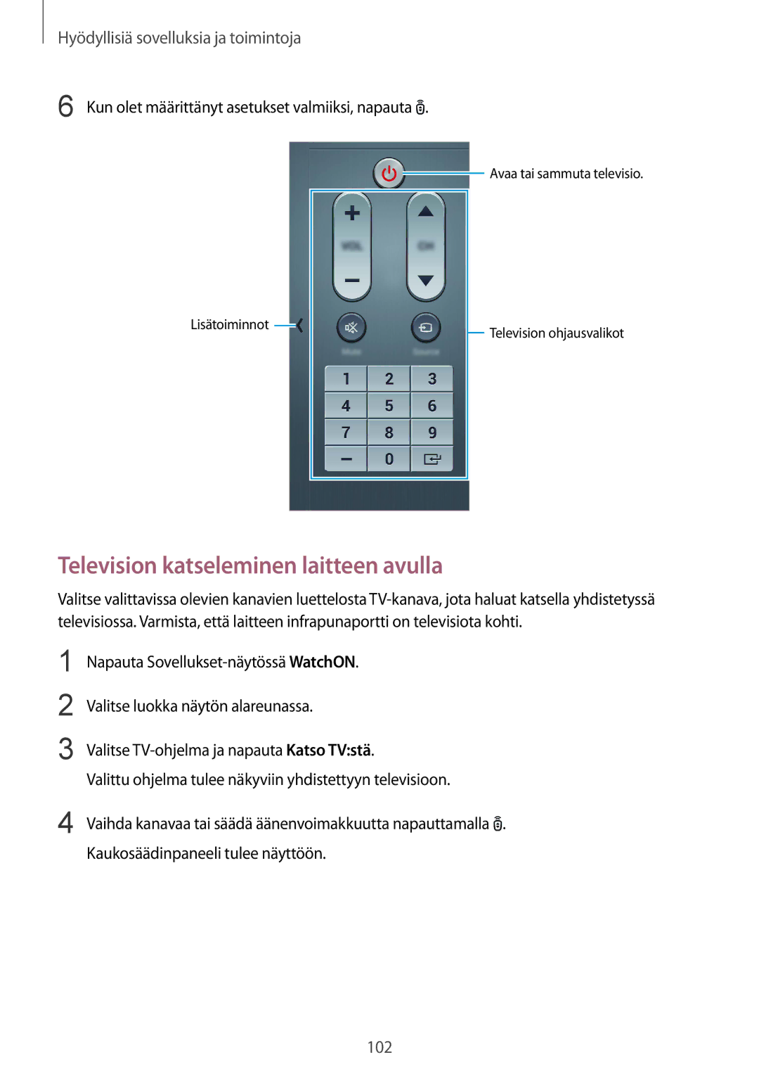 Samsung SM-T800NZWANEE, SM-T800NHAANEE, SM-T800NLSANEE, SM-T800NTSENEE manual Television katseleminen laitteen avulla 