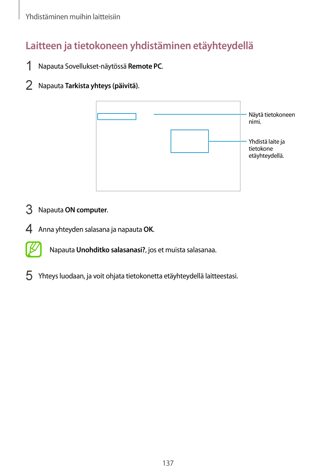 Samsung SM-T800NZWANEE manual Laitteen ja tietokoneen yhdistäminen etäyhteydellä, Napauta Sovellukset-näytössä Remote PC 