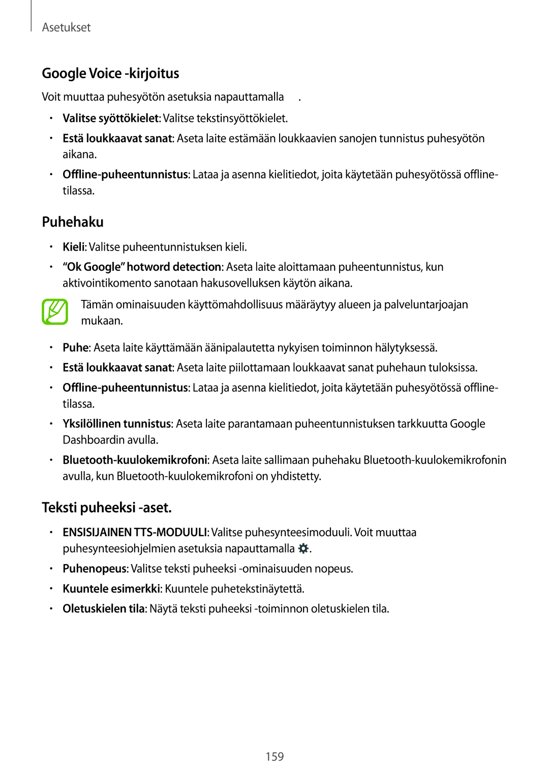 Samsung SM-T800NTSANEE manual Google Voice -kirjoitus, Teksti puheeksi -aset, Kieli Valitse puheentunnistuksen kieli 