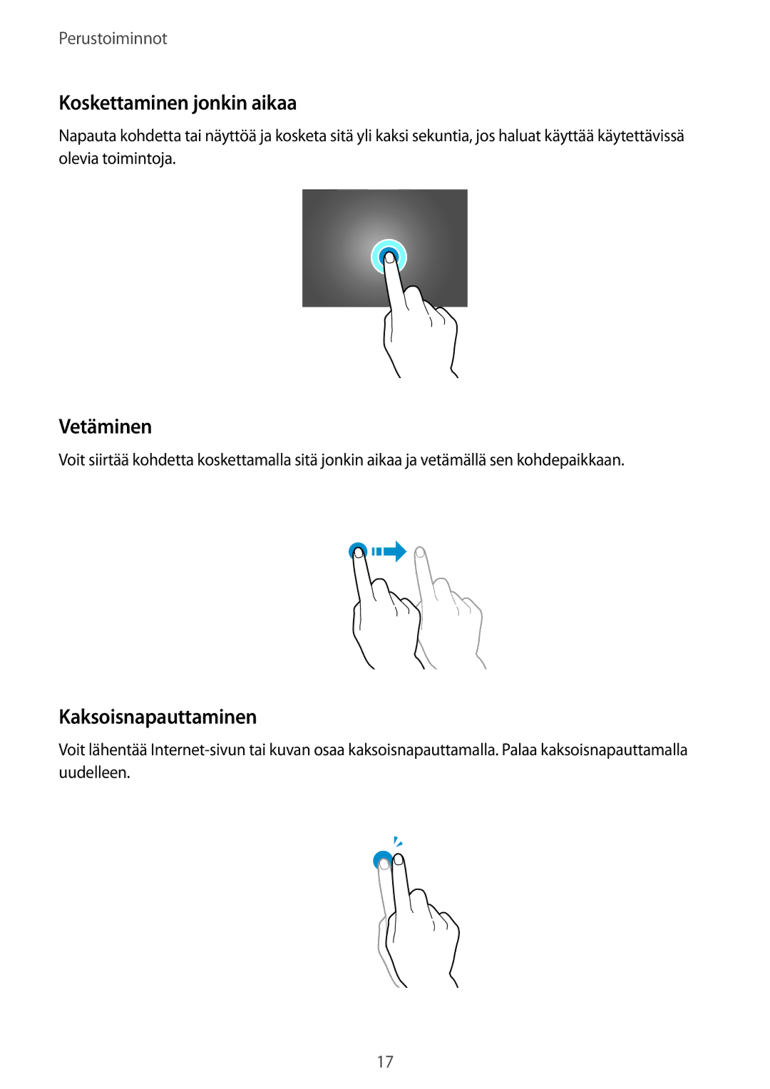 Samsung SM-T800NZWANEE, SM-T800NHAANEE, SM-T800NLSANEE manual Koskettaminen jonkin aikaa, Vetäminen, Kaksoisnapauttaminen 