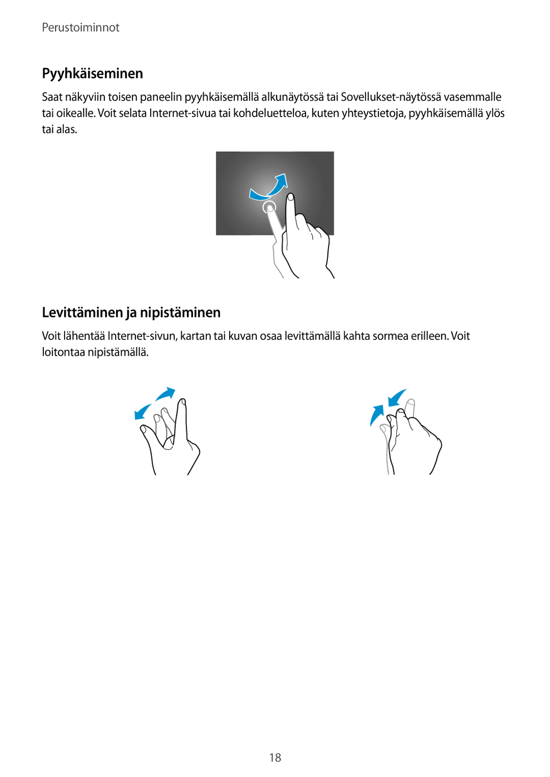 Samsung SM-T800NTSENEE, SM-T800NHAANEE, SM-T800NLSANEE, SM-T800NZWANEE manual Pyyhkäiseminen, Levittäminen ja nipistäminen 