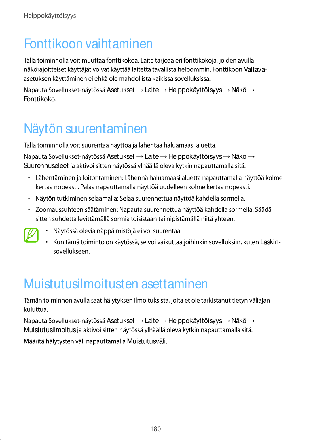 Samsung SM-T800NHAANEE, SM-T800NLSANEE manual Fonttikoon vaihtaminen, Näytön suurentaminen, Muistutusilmoitusten asettaminen 