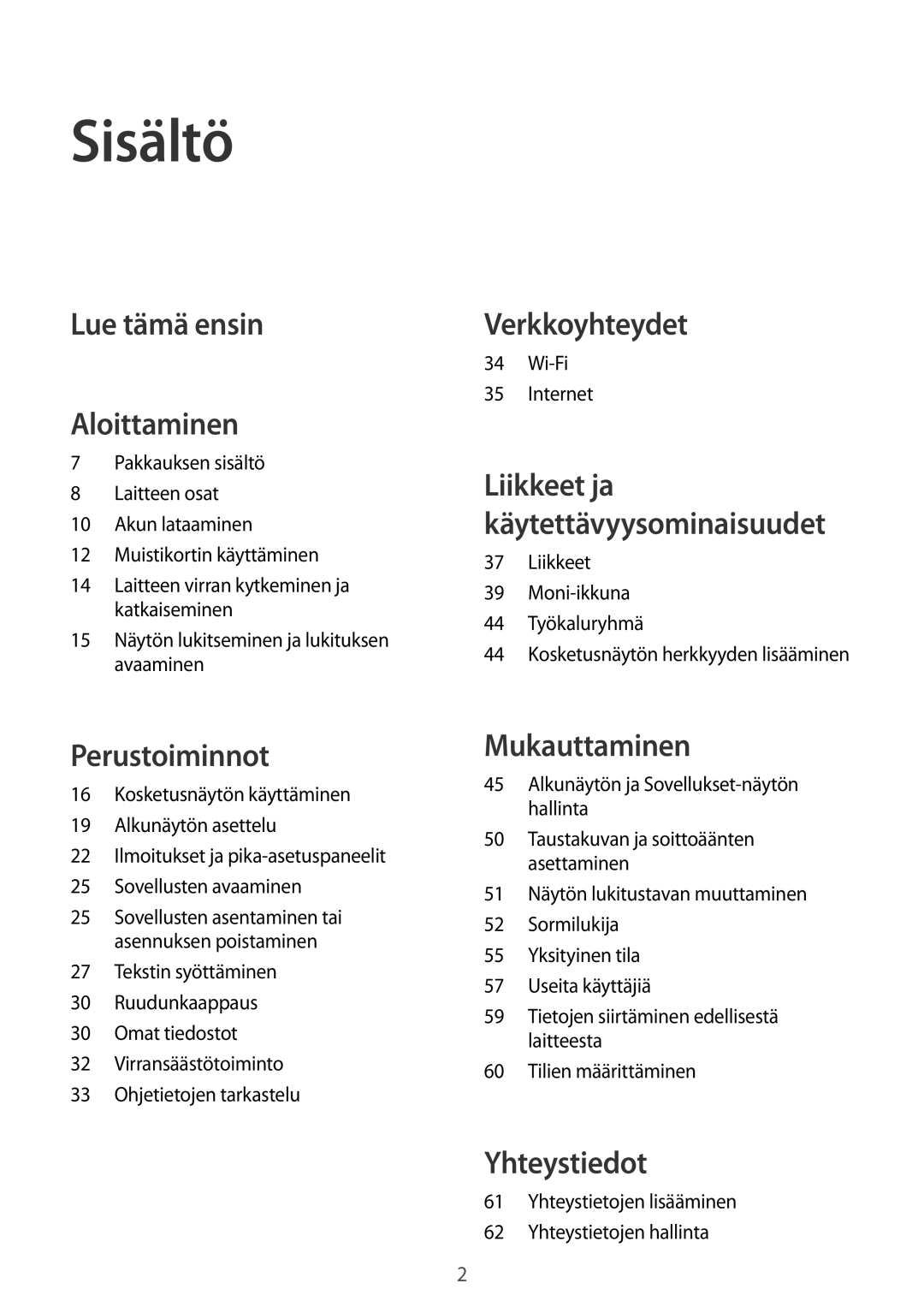 Samsung SM-T800NZWANEE, SM-T800NHAANEE manual Sisältö, 15 Näytön lukitseminen ja lukituksen avaaminen, Wi-Fi Internet 