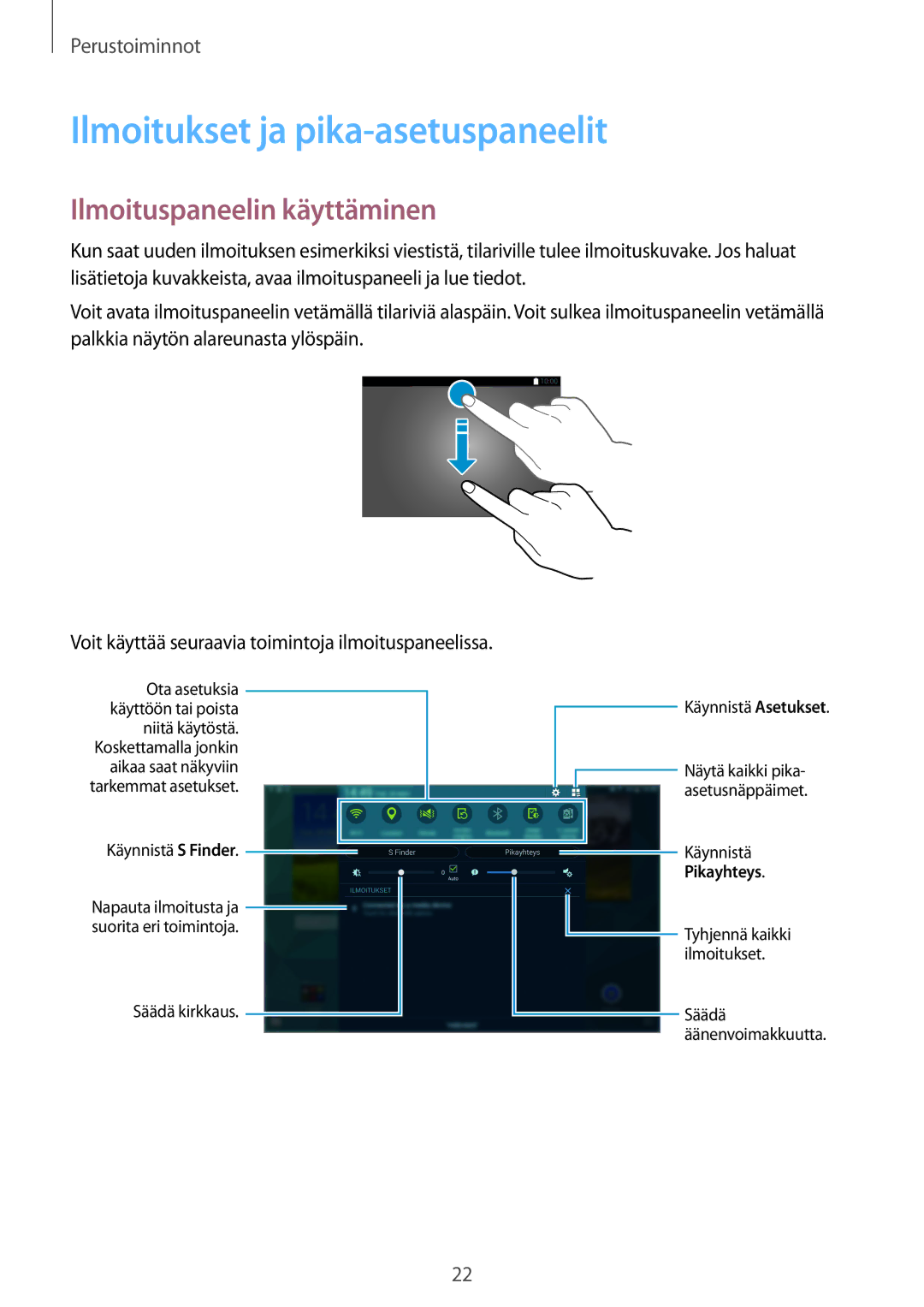 Samsung SM-T800NZWANEE, SM-T800NHAANEE, SM-T800NLSANEE Ilmoitukset ja pika-asetuspaneelit, Ilmoituspaneelin käyttäminen 